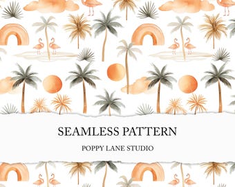 sunset beach pattern, watercolour beach background, seamless beach pattern, tropical beach flamingo sunset palm tree, beach scrapbook paper