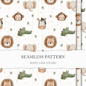 May include: A seamless pattern featuring cartoon animals including elephants, monkeys, zebras, lions, and crocodiles. The design is set against a striped background with small leaf accents. The text "SEAMLESS PATTERN" and "POPPY LANE STUDIO" are also visible.