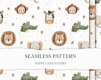 seamless African animal background, seamless nursery pattern, cute lion seamless crocodile, zebra digital paper, baby elephant seamless file