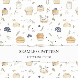 May include: Watercolor seamless pattern featuring various baked goods like muffins, cakes, and bread, along with sprigs of greenery and blueberries. The design is set against a white backdrop with a subtle grid pattern. The text "SEAMLESS PATTERN" and "POPPY LANE STUDIO" are also included.