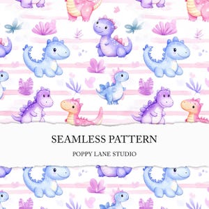 Modèle sans couture de dino violet, joli motif de dino coloré, fond aquarelle de dinosaure, papier sans couture du Jurassique, fichier JPEG sans couture pour enfants