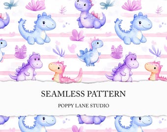purple dino seamless pattern, cute colourful dino pattern, watercolour dinosaur background, jurassic seamless paper, kids seamless JPEG file