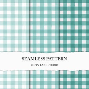 May include: Seamless pattern design featuring a teal and white gingham check pattern. The design is repeated across multiple panels. The text "SEAMLESS PATTERN" and "POPPY LANE STUDIO" are displayed on a torn paper strip.
