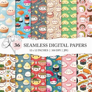 süßes kawaii essen Muster, Sushi nahtloses Papier, kawaii Knödel digitales Papier, kawaii Ramen Hintergrund, kawaii druckbares Papier, süße Lebensmittel