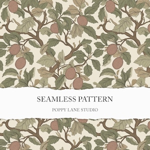 May include: A seamless pattern featuring a repeating design of stylized green leaves and brown fruit on a cream background. The text "Seamless Pattern" and "Poppy Lane Studio" is displayed on a white banner.