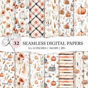 May include: A set of 32 digital papers featuring various autumn and Halloween themes. The papers include pumpkins, leaves, plaid patterns, stripes, and more. The papers are 12 inches by 12 inches and 300 DPI.