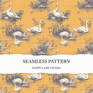 May include: A seamless pattern featuring white swans swimming in a pond with gray and white floral details on a yellow background. The text "Seamless Pattern" and "Poppy Lane Studio" is displayed on a white banner.