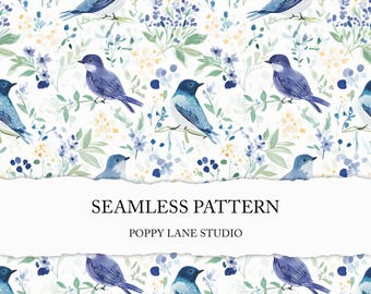 whimsical blue bird seamless pattern, watercolour garden bird background, chinoiserie digital paper, cute bird seamless, wildlife pattern