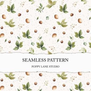 cute hazelnut background, seamless hazelnut pattern, soft watercolour walnut pattern, natural tones tan, hazelnut and foliage, seamless file