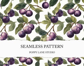 plum seamless pattern, plum tree background, seamless plum pattern, fruit seamless file, plum fruit digital paper, watercolour plum branches