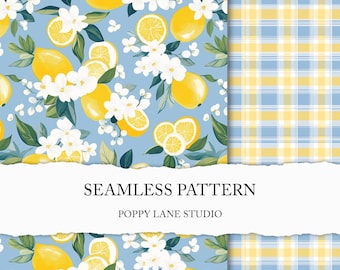 seamless lemon pattern, blue lemon seamless file, cute fruit seamless pattern, citrus background, summer fruit digital file, Mediterranean