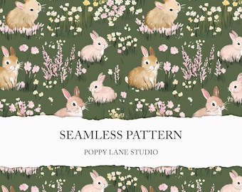 cottagecore bunny background, rabbits seamless pattern, Easter bunny digital paper, spring printable paper, commercial use surface design