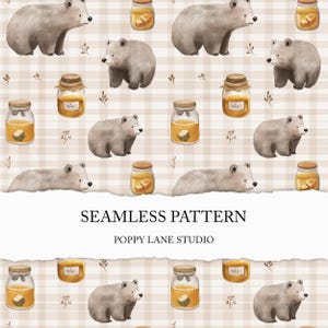 fond d'ours miel, motif ours sans couture, fichier sans couture ours à carreaux et miel, motif de surface, papier de scrapbooking ours mignon, animaux de la forêt