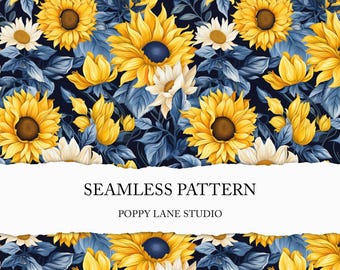 vibrant sunflower seamless pattern, retro flower background, blue yellow, modern sunflower fabric pattern, preppy sunflower seamless pattern