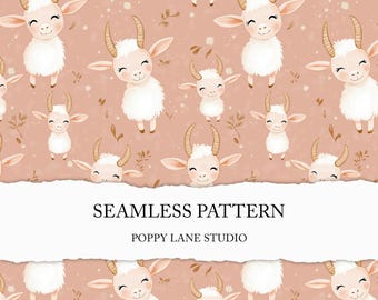 happy goat seamless pattern, white goat background, farm animal scrapbook paper, seamless pink goat pattern, commercial use, kids seamless