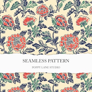 Op de afbeelding: Een naadloos patroon met een herhalend ontwerp van rode bloemen met blauwe en groene bladeren op een crèmekleurige achtergrond. De tekst "SEAMLESS PATTERN" en "POPPY LANE STUDIO" wordt weergegeven op een witte gescheurde papieren banner.