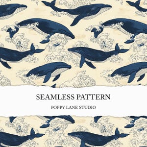 seamless blue whale pattern, whale seamless JPG, vintage blue whale background, whale digital paper, rustic ocean print, wave seamless paper