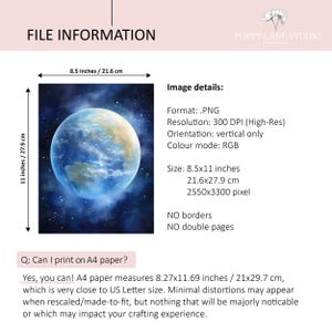 May include: A digital file with file information, including a blue and white planet image. The image is 8.5x11 inches (21.6x27.9 cm) and has a resolution of 300 DPI. Text includes "FILE INFORMATION" and "POPPY LANE STUDIO".