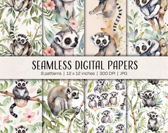 watercolour lemur pattern, watercolour lemur, lemur digital paper, lemur monkey, African animal, Madagascar, lemur pattern commercial use