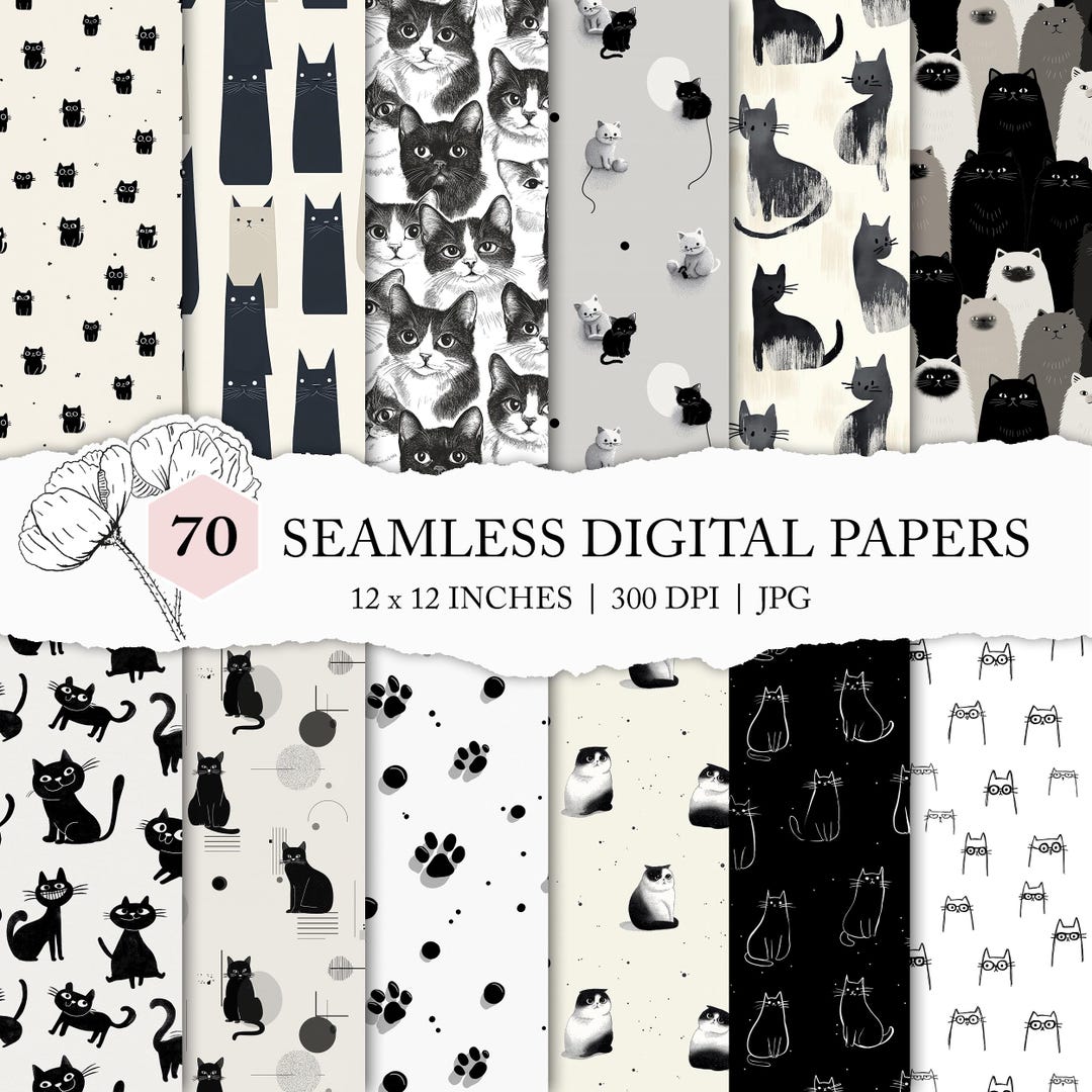 Basic Cat Print Minimalistic Cat Pattern, Line Art Cat, Monochrome Cat Digital Paper ...