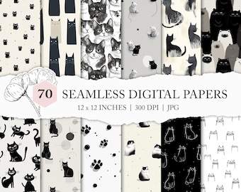 minimalistic cat pattern, line art cat, monochrome cat digital paper, simple cat printable, cat love papers, black/white cat seamless file