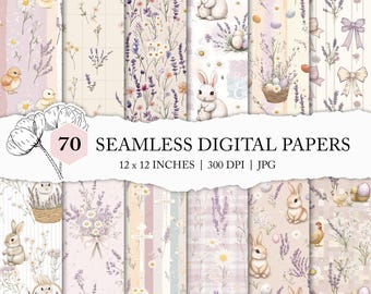 cottagecore Easter digital paper, cute spring seamless pattern, lavender print, Easter bunny seamless file, pastel boho floral Easter papers