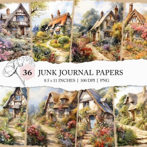 Cottage junk journal pages, watercolour Cottage printable, floral Cottage journal paper, romantic Cottage scrapbook paper, English Cottages