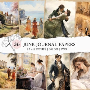 May include: A collection of vintage-style illustrations, depicting scenes of people in period attire, landscapes, and floral designs. The text "36 Junk Journal Papers" is visible, with dimensions of 21.6 x 27.9 cm.