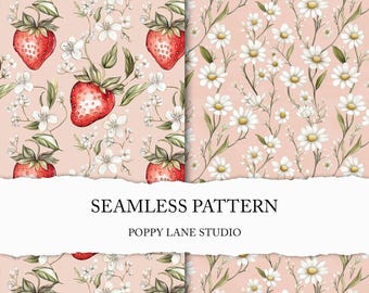 cute strawberry background, seamless strawberry pattern, preppy strawberry digital paper, pastel pink strawberry design, pattern combo, JPEG