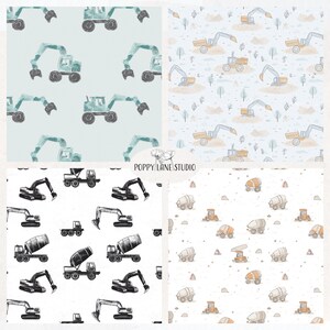 May include: Four seamless patterns featuring different construction vehicles. The first pattern is a light blue background with green excavators. The second pattern is a light blue background with yellow dumper trucks. The third pattern is a white background with black excavators and grey cement mixers. The fourth pattern is a white background with orange cement mixers.