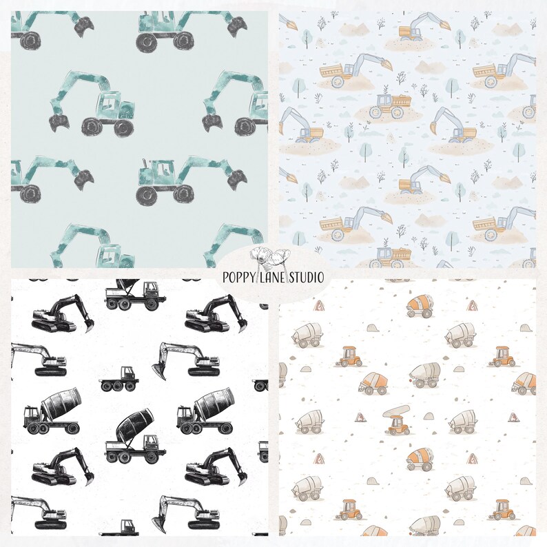 May include: Four seamless patterns featuring different construction vehicles. The first pattern is a light blue background with green excavators. The second pattern is a light blue background with yellow dumper trucks. The third pattern is a white background with black excavators and grey cement mixers. The fourth pattern is a white background with orange cement mixers.