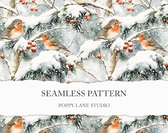 snowy robin background, traditional Christmas seamless winter animal print, forest animal digital file, robin seamless pattern, winter birds