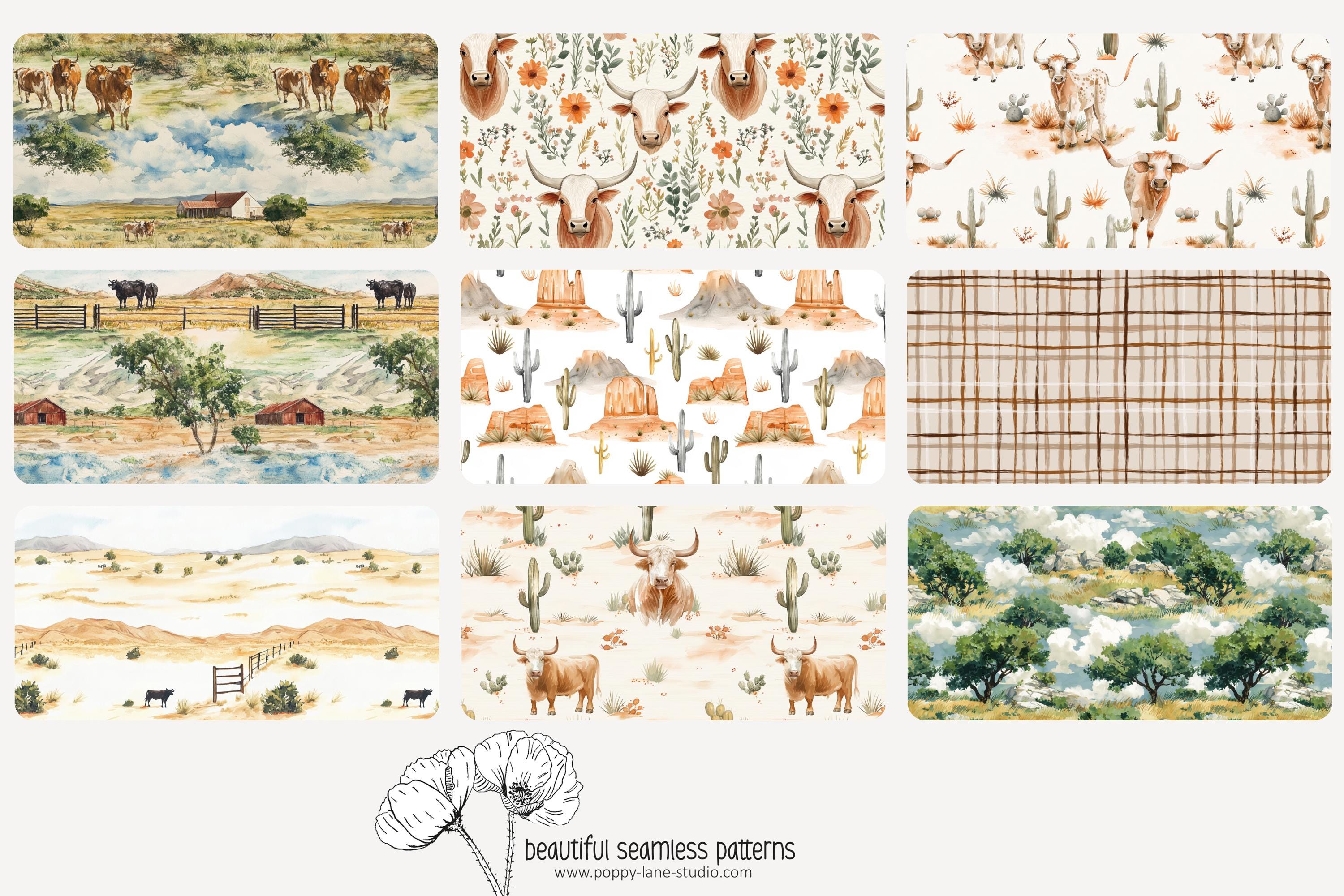 Texas Repeating Vector Texas Longhorn Background, Repeating Cow Pattern, Watercolour Cattle ...