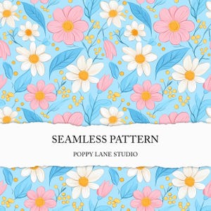 Könnte beinhalten: Ein nahtloses Muster mit rosa und weißen Blumen mit grünen Blättern auf hellblauem Hintergrund. Der Text "Seamless Pattern" und "Poppy Lane Studio" wird auf einem weißen Banner angezeigt.