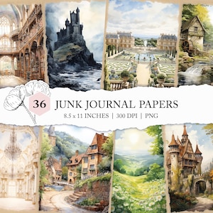 fairy-tale location junk journal, Grimm fairy-tale landscape digital paper, watercolour fable junk journal pages, fairy-tale setting prints