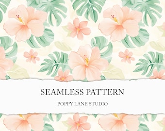 pastel hibiscus surface pattern, pink Hawaiian background, seamless hibiscus pattern, pastel beach print, tropical floral repeat pattern JPG