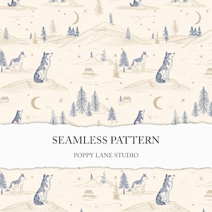 May include: A seamless pattern featuring a woodland scene with wolves, trees, mountains, and crescent moons in shades of beige, blue, and gold. The text "SEAMLESS PATTERN" and "POPPY LANE STUDIO" are displayed.