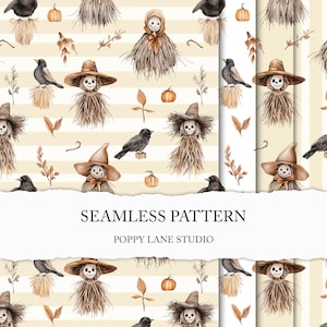 May include: Seamless pattern featuring scarecrows, crows, pumpkins, and autumn leaves on a cream and beige striped background. The text "SEAMLESS PATTERN" and "POPPY LANE STUDIO" are displayed below the pattern.