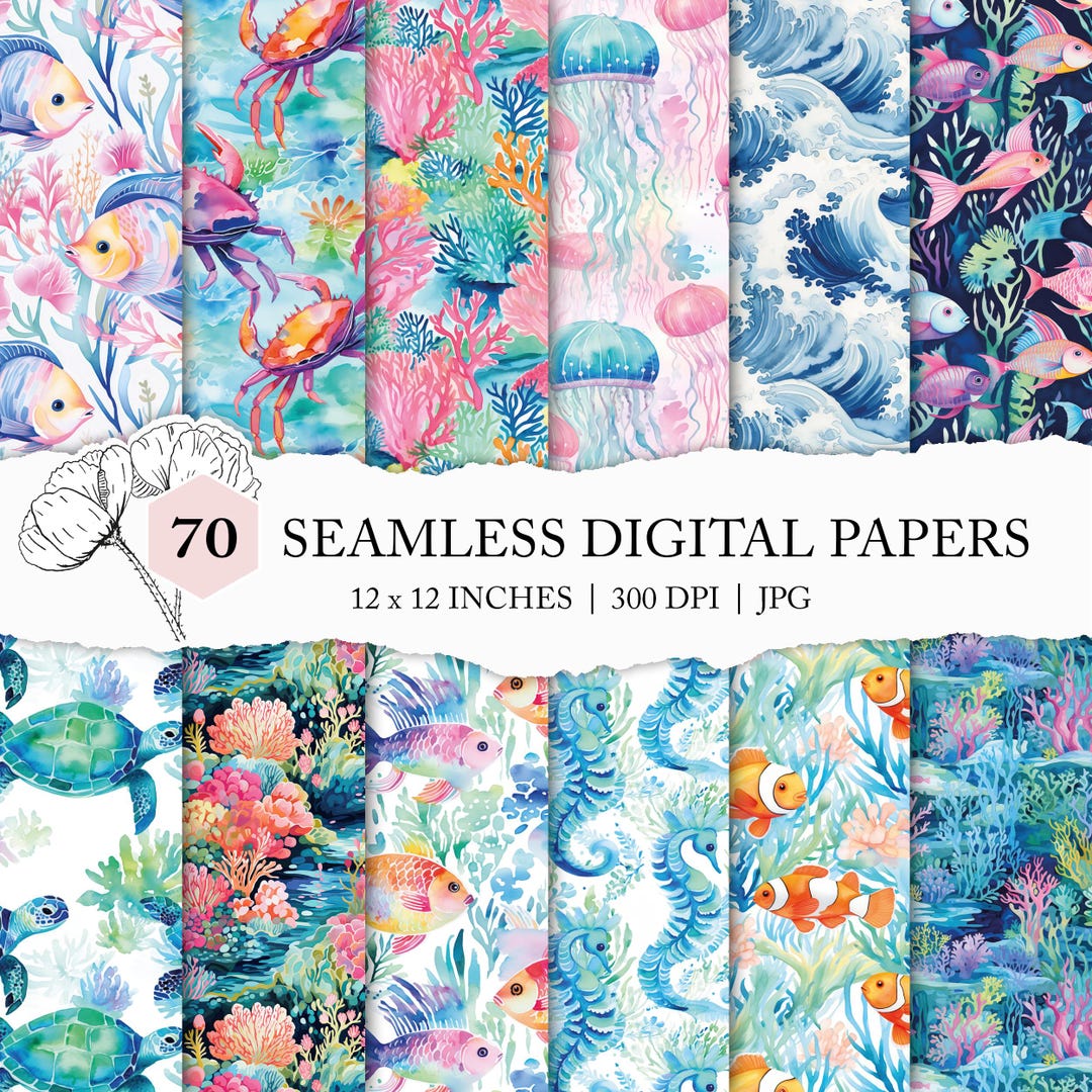 Reef Color Paper Watercolour Coral Reef Pattern, Preppy Ocean Digital Paper, Colourful ...
