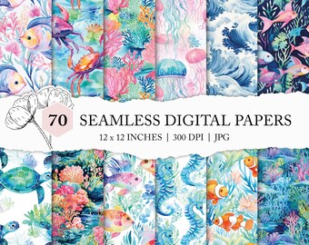 watercolour coral reef pattern, preppy ocean digital paper, colourful ocean backgrounds, seamless coral reef, ocean animals, fish pattern