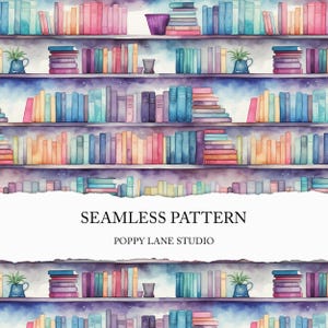 Könnte beinhalten: Ein nahtloses Muster mit einer Aquarell-Illustration eines Bücherregals voller bunter Bücher. Das Bücherregal ist vor einem Hintergrund aus lila und blauen Aquarellwolken platziert. Der Text "SEAMLESS PATTERN" und "POPPY LANE STUDIO" ist auf einem weißen Banner sichtbar.