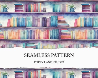 rainbow bookshelf pattern, watercolour bookshelf background, cute bookshelf digital paper, seamless book pattern, library wall background