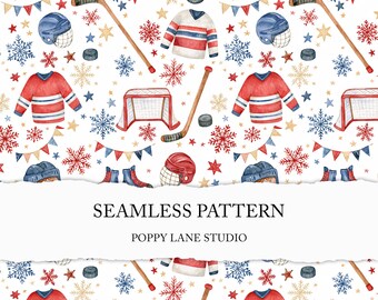 watercolour ice hockey background, winter sports seamless pattern, hockey printable paper, children's sports digital paper, seamless winter