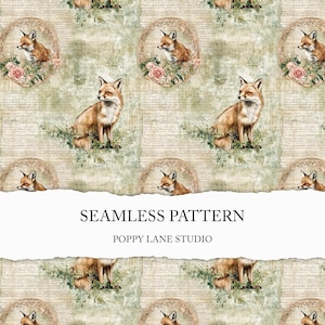 motif renard shabby chic, arrière-plan transparent renard, animaux des bois vintage, fichier numérique renard aux tons neutres, usage commercial, renard imprimable