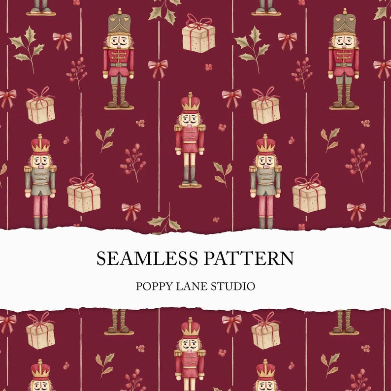 May include: Seamless pattern featuring watercolor illustrations of toy nutcrackers, wrapped gifts, bows, and sprigs of holly on a deep red background. The text "SEAMLESS PATTERN" and "POPPY LANE STUDIO" are also visible.