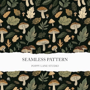 seamless mushroom background, dark academia seamless pattern, woodland scrapbook paper, vintage mushroom pattern file, autumn printable JPEG