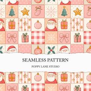 May include: A seamless pattern featuring a grid of festive illustrations including Santa Claus, Christmas trees, stars, gift boxes, bows, stockings, ornaments, snowflakes, and holly on a cream background with the text SEAMLESS PATTERN POPPY LANE STUDIO.