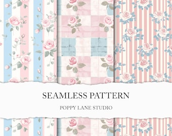 shabby chic rose seamless pattern, vintage rose digital paper, seamless pink & blue rose files, old fashioned rose background, pattern combo