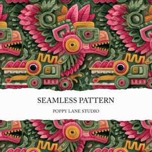 May include: Seamless pattern featuring a repeating design of stylized, colorful Aztec-inspired masks. The masks are primarily green, pink, and yellow, with intricate details. The text "SEAMLESS PATTERN" and "POPPY LANE STUDIO" are displayed.