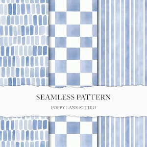 May include: A collection of seamless patterns in shades of blue and white. The patterns include vertical stripes, a checkerboard design, and a pattern of blue rectangles. The text "SEAMLESS PATTERN" and "POPPY LANE STUDIO" are also visible.